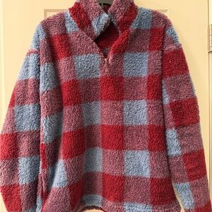 Eddie Bauer Cozy Red and Blue Plaid Fleece Pullover